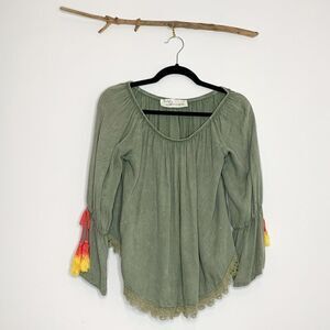Vintage Havana Army Green Boho Blouse 🌿 Size Small